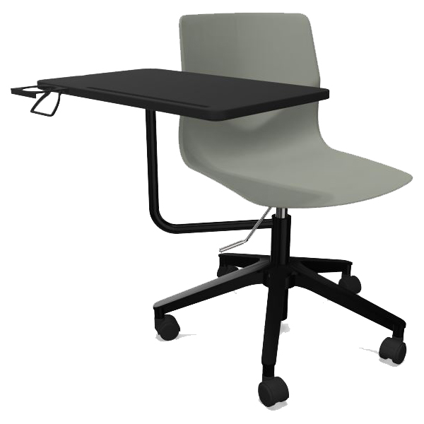 Billede af Elevstol med svingbar skriveplade InnoTab. Bordpladen kan drejes hele vejen rundt om stolen, og den klappes ned efter brug. Alt-i-én stol.