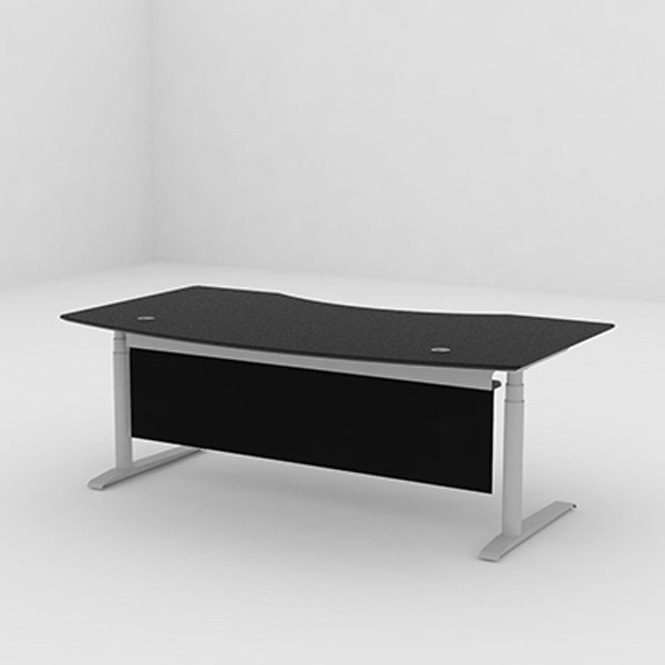 Hæve sænkebord med frontpanel. Bordet leveres i mange størrelser og overflader - her vist som arbejdsbord med sort linoleum, mave udskæring og gæstebue.