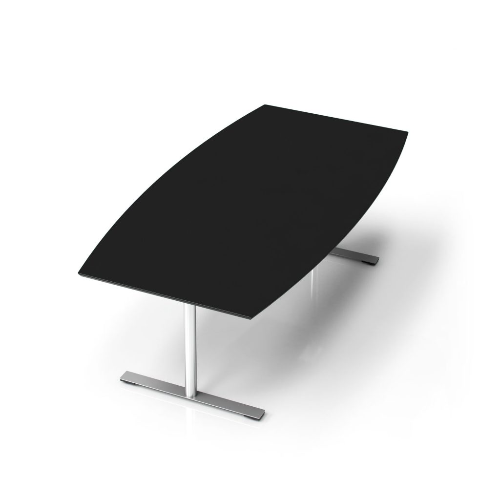 Billede af Mødebord 6-8 personer med linoleum bordplade, med alu farvet stel og runde søjler. Et elegant bord med tøndeformet bordplade.