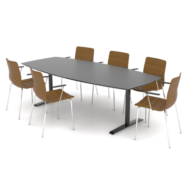 Billede af Mødebord tøndeformet med 2 eller 3 T-søjler. Fås i længder fra 180 cm til 300 cm. Fås også med hæve/sænke. Stel i sort, hvid eller alu.