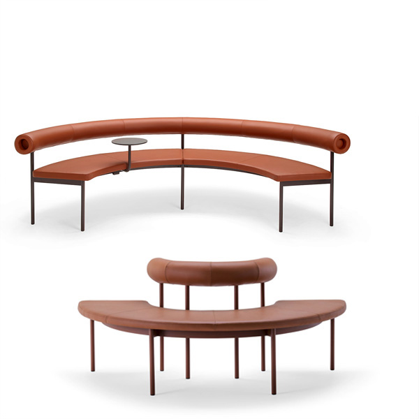Billede af Rund bænk der kan placeres om et bord eller om en søjle. Konkav eller konveks. Med rundt ryglæn, og sæde og ryg er fuldpolstret.