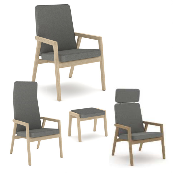 Billede af Ono hvilestole er traditionelle lænestole i bøg med en rigtig god sidde komfort. Fås med høj eller lav ryg. Velegnet til plejesektoren.