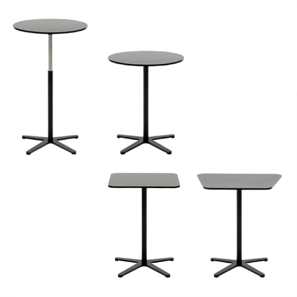 Billede af Små sideborde med asymmetrisk placerede ben. Kan rykkes ind over stol eller sofa, og bruges som arbejdsborde. M/u højdejusterbare ben.