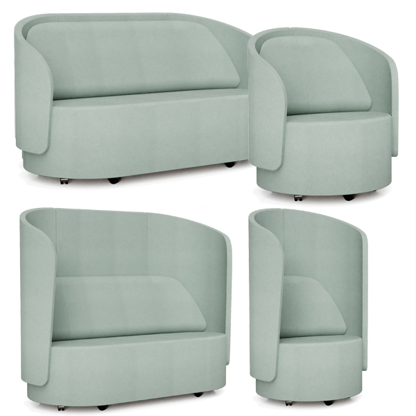 Billede af Circles lounge møbler, stol og sofa, fås med forhøjet ryg. Fuldpolstrede, lave eller høje afskærmende rygge. Polstring i 1 eller 2 farver.