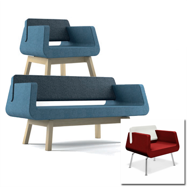 Billede af Moderne sæder til plejesektoren i meget rengøringsvenligt design. Sofa og armstol med stel i stål, og sæderne kan polstres med kunstlæder.