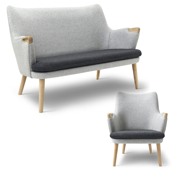 Billede af CH72 sofa af Wegner med den tilhørende lænestol CH71 er et par meget fine eksempler på Wegners forståelse for polstring. Designet i 1952, men stadig raffineret, passer de ind i den moderne indretning.