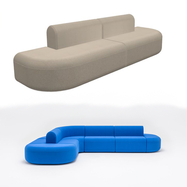 Billede af Alsidige sofamoduler, som kan sammensættes efter behov. Modulerne er runde i formerne, og en sofa opbygges omkring ryglænet. Sæderne kan for eksempel opbygges rundt om en søjle, eller de kan opbygges som en dobbeltsidet sofa.