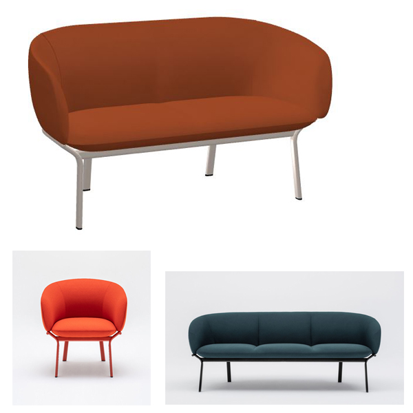 Billede af Moderne lounge sofa med blød polstring og slidstærkt betræk. Sofaen har sæde og ryglæn i formstøbt brandhæmmende skum, som hviler på en ramme af maskinbukkede rør. Fås også som 3-personers sofa og som armstol.