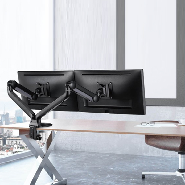 Billede af Dual skærmholder kan holde to skærme, du kan bruge den ene arm til laptop. Holderen monteres på bordpladen med et klemme beslag.