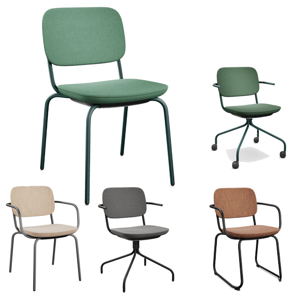 Billede af Fleksibel stoleserie til mødelokaler, kantiner og arbejdsrum. Stolene kan kombineres med 4 steltyper og 2 armlæns typer, samt uden armlæn. Stellet fås i 11 farver. Stolene har fuldpolstrede sæder og ryglæn. Denne serie er designet og produceret med tanke på miljøet og fremtiden.