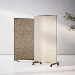 Billede af Nature Screen gulvskærm med ramme og fødder i eg eller valnød. Kernen er lydabsorberende, og skærmen fås i flere størrelser og farver.