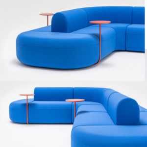 Billede af Alsidige sofamoduler. Modulerne er runde i formerne, og en sofa opbygges omkring ryglænet. Kan f.eks. opbygges rundt om en søjle, eller opbygges som en dobbeltsidet sofa.