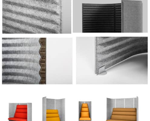Billede af Soundroom sæder i et spændende design, der passer ind i det moderne kontormiljø. Sæderne er indrammet af filtpaneler, som fås lave eller høje. De skærmer for andre, og de virker lydabsorberende.