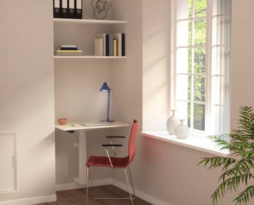 DC Kontormøbler viser vægophængt hæve/sænkebord, et lille arbejdsbord velegnet til studier eller til hjemme arbejdspladsen.