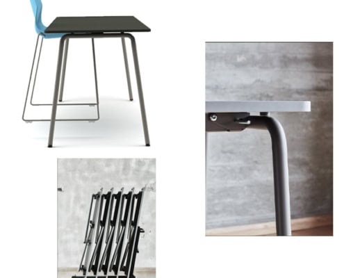 Billede af Bord med skrå ben, som er velegnet både som kantinebord, som cafebord og til undervisnings lokalet. Bordet er smalt, af et let og enkelt design. Det kan klappes sammen, og de integrerede hjul gør det nemt at flytte rundt.