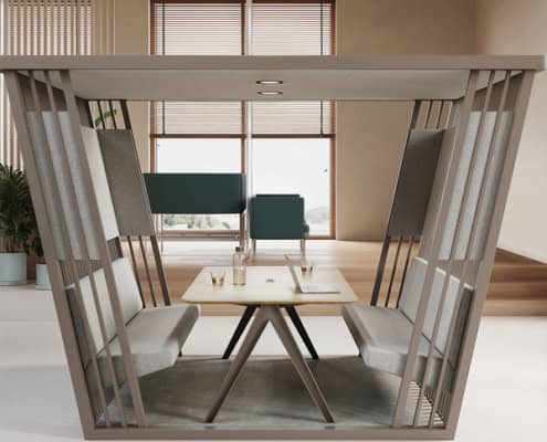 Billede af Kabanna møderum, et åbent møderum i stilfuldt design. Loft og dele af siderne er polstrede.