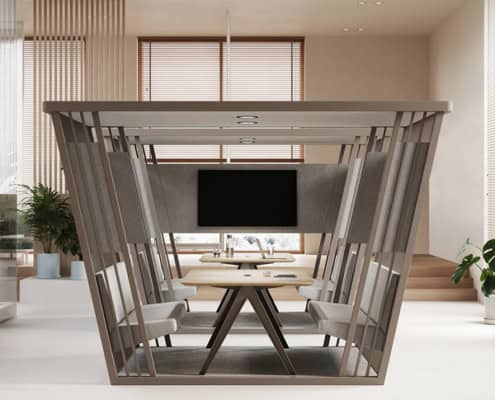 Billede af Kabanna møderum, et åbent møderum i stilfuldt design. Loft og dele af siderne er polstrede.