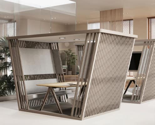 Billede af Kabanna møderum, et åbent møderum i stilfuldt design. Loft og dele af siderne er polstrede.