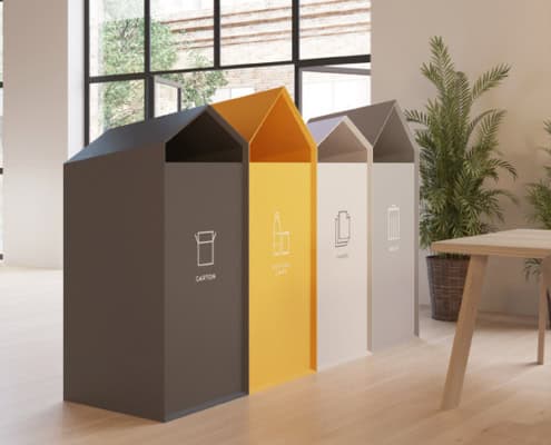 Flot affaldsskab til sortering med plads til de store mængder. Skabet kan rumme små affalds containere eller sækkestativer.